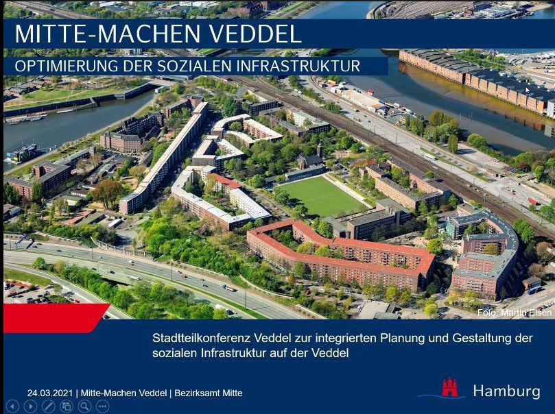 Luftaufnahme: Der Stadtteil Veddel. Folie aus einer Präsentation zum Thema Aufwertung der Veddel.