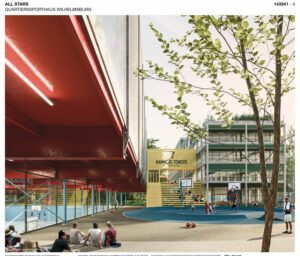 Links sieht man hinter Glas eine große Sporthalle mit Tribüne unter einem großen roten Dach. In der Mitte ein Aufbau mit dem Namen Hamburg Towers und auf der linken Seite ein dreistöckiges Gebäude mit viel Glasfenstern und grünen Streifen. Davor ist ein runder blauer Platz mit zwei aufgeständerten Baskets.