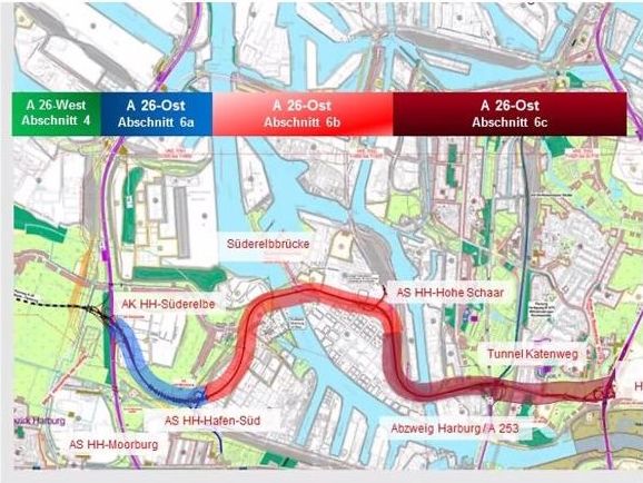 Stadtplanausschnitt mit dem geplanten Verlauf der A26 Ost und darüber eine Leiste mit der Einteilung der Abschnitte. Das gleiche wie das Beitragsbild.