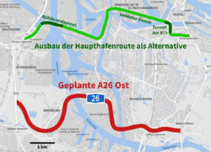 Landkarte Süderelbe mit Altenwerder und einem Teil Wilhelmsburgs. Im unteren Drittel ist die geplante A26 Ost in Rot eingezeichnet. Im oberen Drittel 
ist die Haupthafenroute mit dem Köhlbrandtunnel in Grün eingezeichnet.