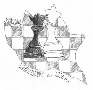 ein gezeichnetes Schachbrett in Fom der Wilhelmsburger Insel, darauf 2 überdimensionierte Schachfiguren