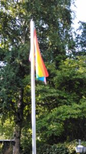Im Hintergrund ist eine Birke mit Sommerlaub zu sehen, im Vordergrund ein Fahnenmast, auf dem die Regenbogenflagge gehisst ist.
