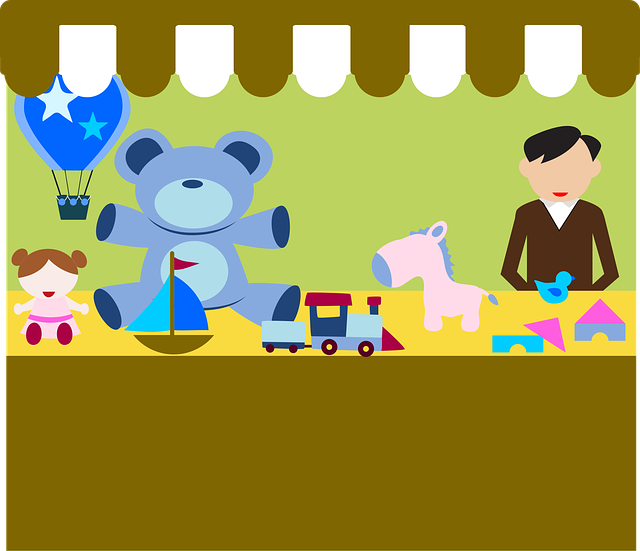 Illustration eines Flohmarktstandes mit Kinderspielzeug