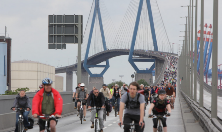 Viele Radfahrende überqueren als Fahrradsternfahrt die Köhlbrandbrücke