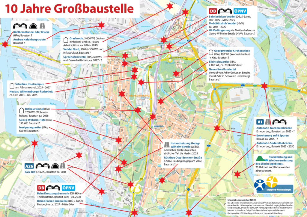 Karte von Wilhelmsburg, auf der mit roten Sternchen die kommenden Baustellen der nächsten Jahre eingezeichnet sind; mit kurzen, erklärenden Texten