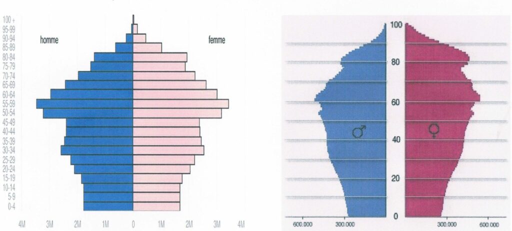 Zwei Grafiken zeigen die Bevölkerungszahlen in Deutschland, links 2021, auf der linken Seite Männer in blau und rechts Frauen in rosa, als Balken dargestellt. Rechts ist die Prognose für 2050 dargestellt. Links blau Männer und rechts Frauen in dunkelpink. In der Mitte ein weißer Balken mit dem Alter in Zehnerschritten.