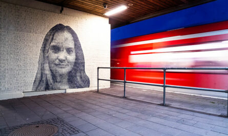 Frauenporträt an einer Wand. Rechts eine vorbeifahrende S-Bahn