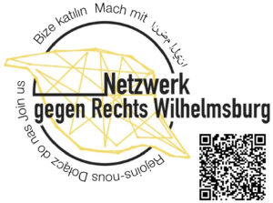 Das Logo des „Netzwerk gegen Rechts Wilhelmsburg" und ein QR-Code, der zur Webseite führt.