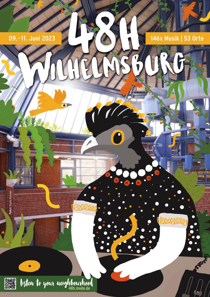 Das bunte Plakat mit einer Vogelfigur als DJ im Zentrum und der weißen Überschrift 48H Wilhelmsburg
