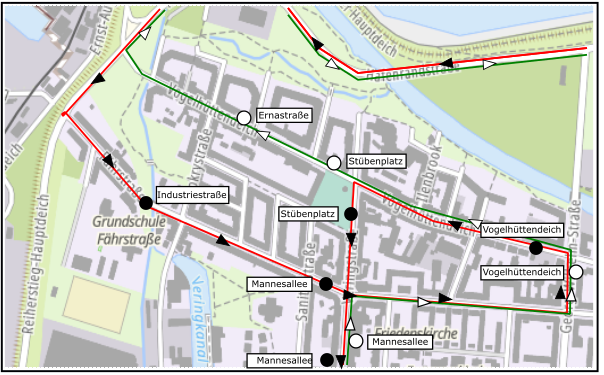 Stadtplanauasschnitt mit den Straßen Vogelhüttendeich und Fährstraße und den in rot und schwarz gekennzeichneten Umleitungsstrecken der Linie 13.