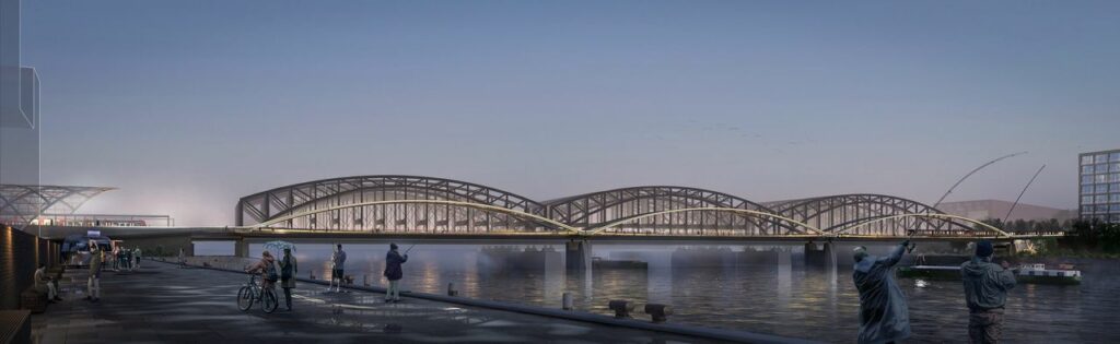 Visualisierung der neuen Brücke im Abenddämmerlicht. Im Vorderund die Kaikante mit einigen Menschen. Links hinten die U-Bahnstation Elbbrücken.