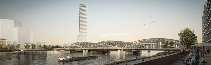 Visualisierung, links im Bild Hochhäuser der HafenCity, quer rüber die Brücke mit drei Bögen auf zwei Pfeilern in der Norderelbe. Dahinter diffus der Elbtower, der im Bau ist.