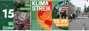 Collage mit Ausschnitten von Aufrufplakaten zum Klimastreik am 15. 9.