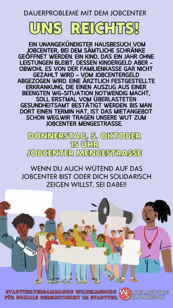 Veranstaltungsplakat der Demo "Dauerprobleme mit dem Jobcenter - Uns recihts!"