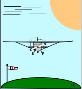 In der Karikatur fliegt ein Kleinflugzeug auf den Betrachter zu. Im Fordergrund ein grpnder Buckel als Finkenwerder, links ein Windsack. 