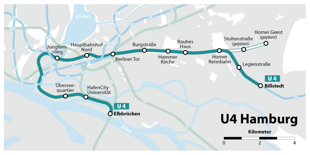 Grafil der bisherigen und geplanten Linienführung der U4