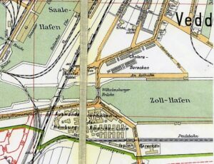 Eine Karte eines Teils der Veddel, eingezeichnet die Auswandererhallen und am ggü. liegenden Ufer die Cholerabaracken.