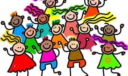 Gezeichnete Menschen mit bunten Haaren und aller Hautfarben tanzen mit lächelnden Gesichtern