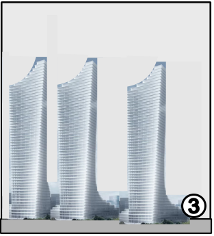 3 Bilder mit Modellen des fertigen Towers, eins mit Windmühle oben auf dem Dach, eins mit großer Signa-Werbung auf gelbem Grund. Auf dem dritten Bild drei nebeneinander stehende Elbtower. 