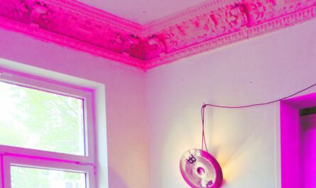 Ein Raum mit einem Fenster und rosa beleuchtetem Stuck.