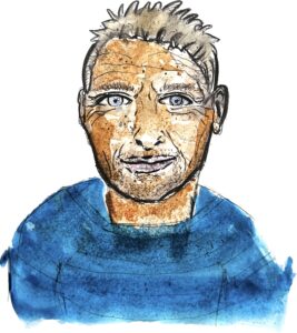 Illustration einen männlcih gelesenen Portraits: Blaues Oberteil, braun gebranntes Gesicht, blonde Stoppelhaare
