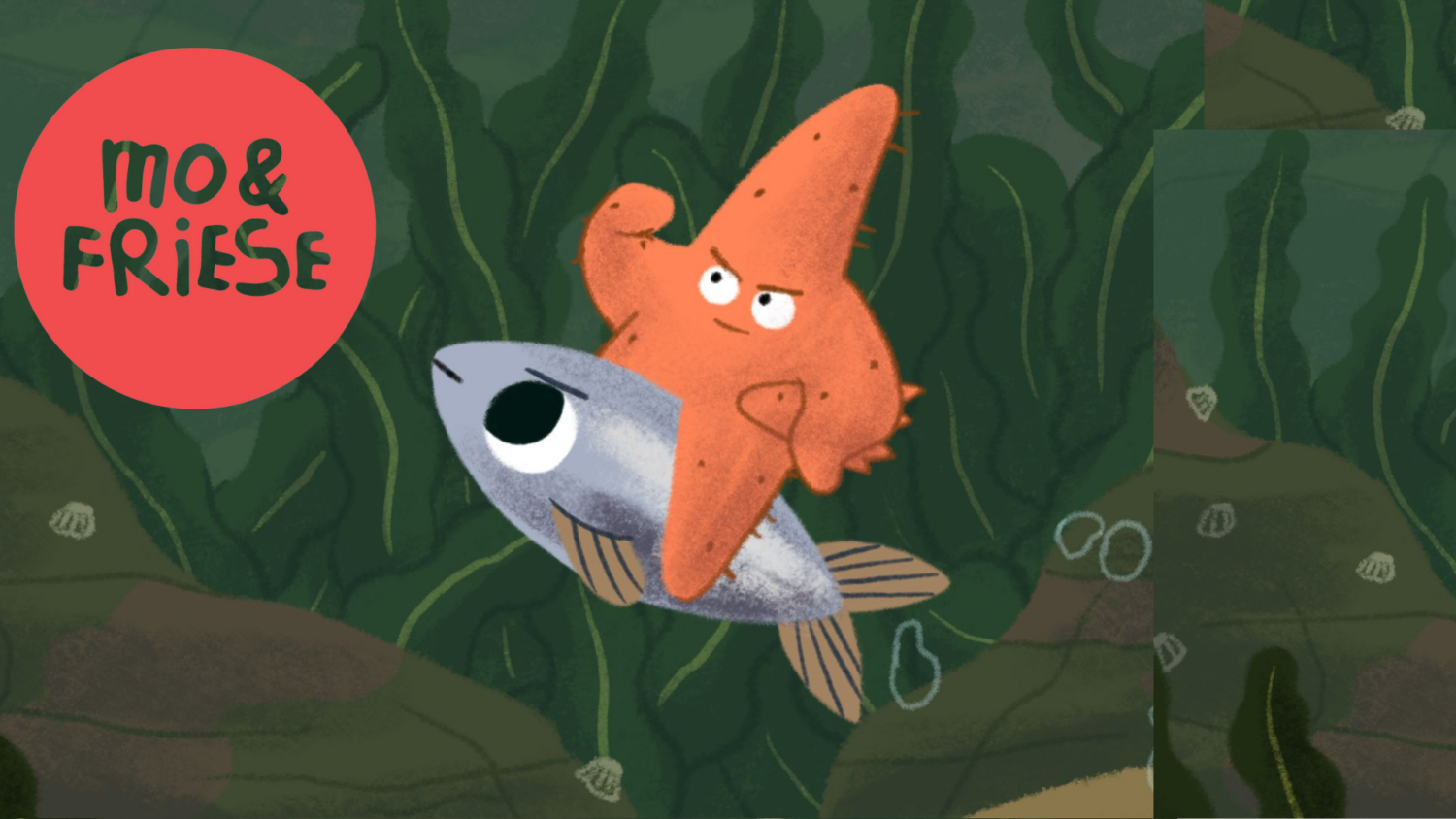 Bildausschnitt aus einem Zeichentrick mit Mo&Friese Logo, ein Seestern sitzt auf einem Fisch und lässt sich transportieren