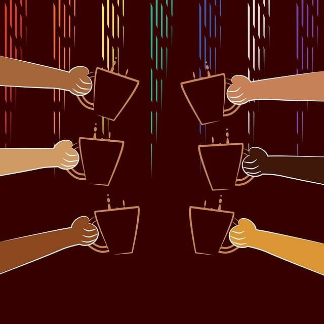 Illustration: Von links und rechts strecken sich jeweils drei Arme mit Kaffeebechern in der Hand in die Mitte des Bildes.