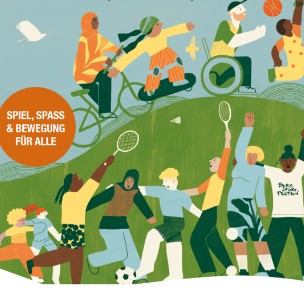 Illustration eines Parks in dem diverse Menschen diverse Sportarten absolvieren