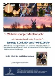 Plakat mit Veranstaltungsdetails im Text, oben Bilder u.a.von Stockbrot, Rotwein und Lampingons sowie der Mühle im blau-lila-rosa Sonnenuntergang 