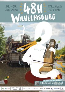 Poster 48h WIlhelmsburg mit einer Grafik: Ein großer Schwan spielt auf einer Nyckelharpa vor dem Floß „Schaluppe" im Hintergrund