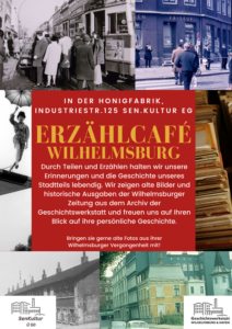 Plakat mit historischen Fotoausschnitten Wilhelmsburgs mit Häusern, Mescnhen, Straßenbahn. In der Mitte der Text zur Veranstaltung auf rotem Hintergrund