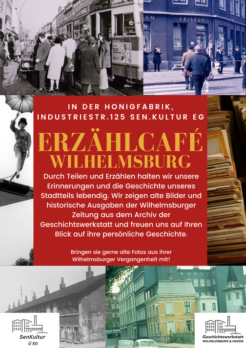 Plakat mit historischen Fotoausschnitten Wilhelmsburgs, in der Mitte der Text zur Veranstaltung