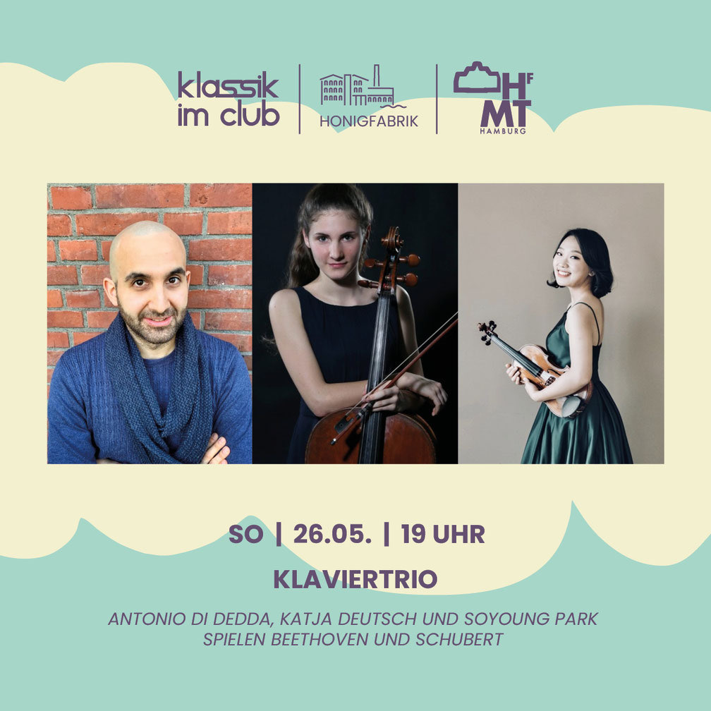Konzertplakat mit Portraitfotos eines Musikers und zweier Musikerinnen, die Violoncello und Violine im Bild dabei haben