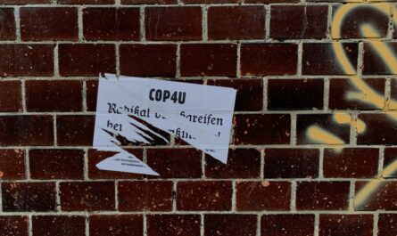 Uf einer mit Graffiti verzierten Backsteinwand klebt ein Zettel, der zerrissen wurde. Lesbar sind nur noch die Wörter "Cop4U" und "Radikal".