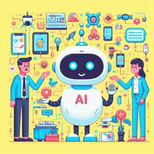 Grafik: Ein Roboter mit dem Buchstaben AI auf dem Bauchsteht mittig im Bild, links von ihm ein Mann, rechts eine Frau. Um sie herum sind digitale Geräte aufgereiht.