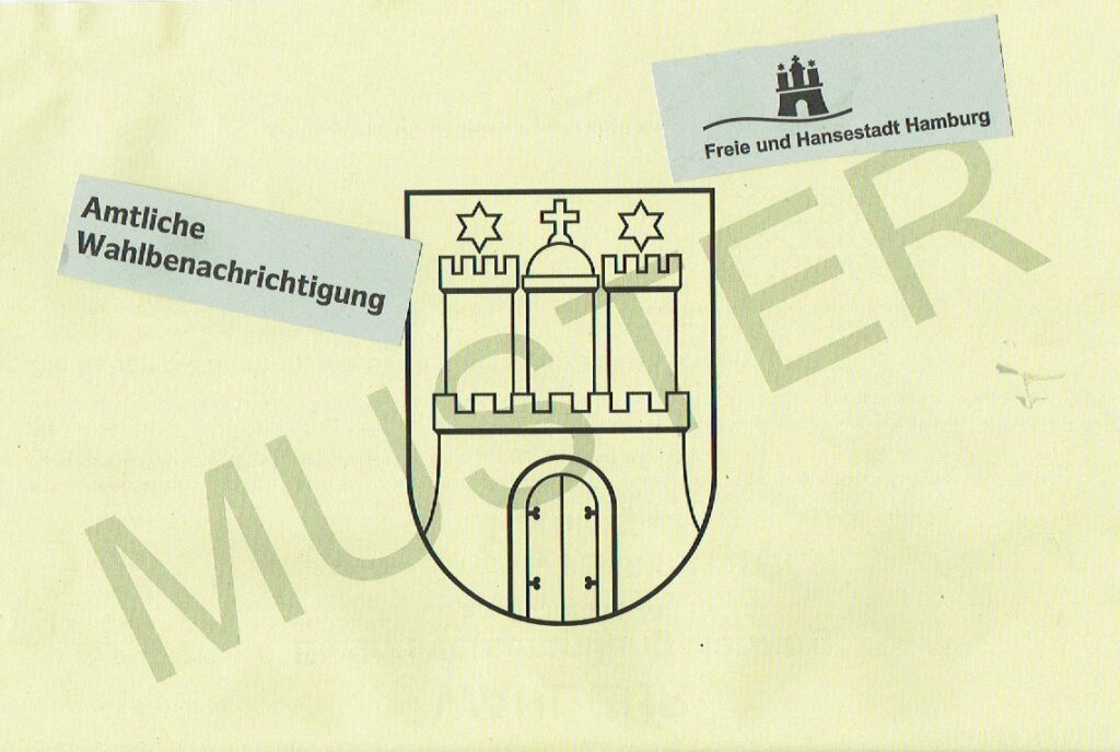 Musterwahlbrief-Collage mit zurätzlichen Aufschriften „amtliche Wahlbenachrichtigung" und „Freie und Hansestadt Hamburg"