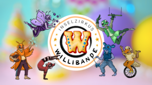 Um das Logo des Inselzirkus Willibande tummeln sich bunte Fantasiefiguren