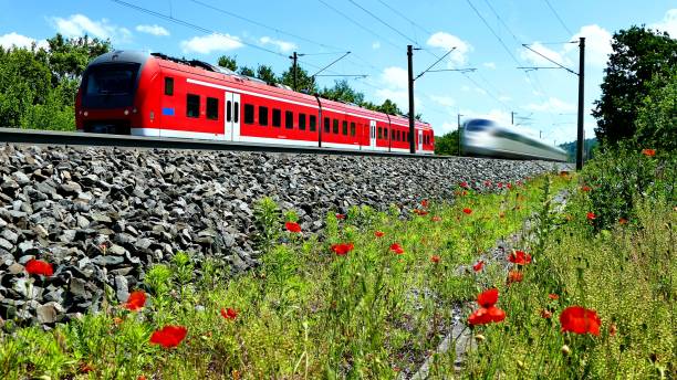 Zwei Züge fahren auf parallelen Gleisen, im Vordergrund roter Mohn