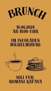 Flyer zur Veranstaltung mit Text und Zeichnungen, die eine dampfende Kaffeetasse und Pfannkuchen darstellen.