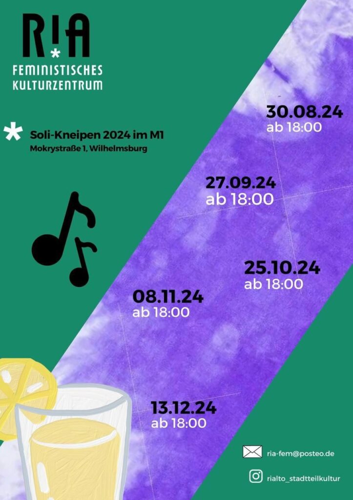 grün-blaues PLakat mit den Daten für die Solikneipe, 2 Musiknoten und ein Glas mit Limo als Piktogramme