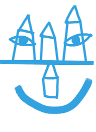 Hellblau gezeichnet auf weißem Hintergrund: Drei simple Häuser auf einer Linie, die Äußeren haben je 1 Auge. Unter dem Strich ist ein Bogen und ein anderes Haus. Zusammen bildet alles ein lächelndes Gesicht