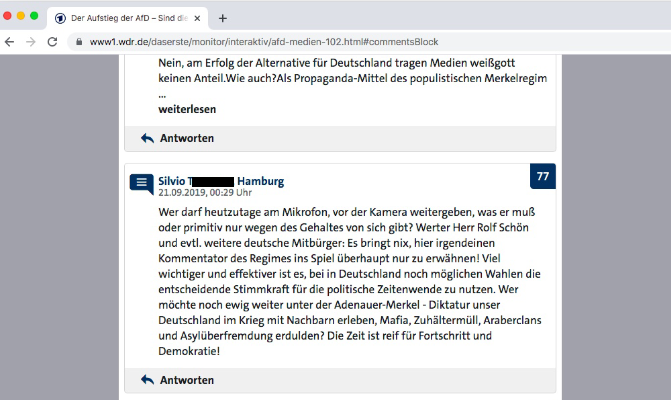 Screenshot eines Kommentars von Silvio T. auf wdr.de