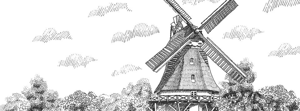 Die Windmühle Johanna als Skizze mit Bäumen in der Umgebung