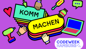 Grafik: Die Worte "Komm" und "machen" auf bunten Schaltflächen, verschiedene Hände und Mauspfeile zeigen darauf