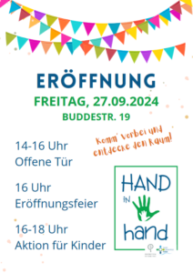 VA-Plakat der Eröffnungsfeier von Hand-in-Hand in der Buddestr.