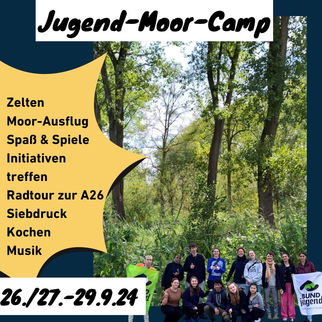 Ein Wald mit einer Gruppe Jugendlicher. Dazu Infos zum Camp