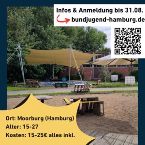 Ein offener Sandplatz, z.T. überspannt mit Sonneschutz, im Hintergrund Bäume, dazu ein QR-Code und Infos zum VA-Ort