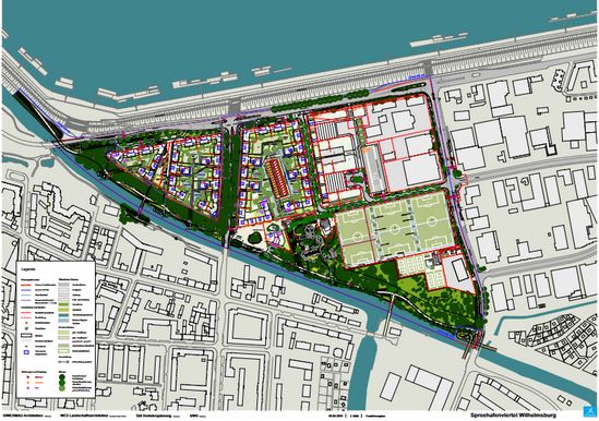 Auf dem Plan ist oben der südliche Teil des Spreechafens. darunter ist das geplante Spreehafenviertel eingezeichnet mit Häusern und grünen Achsen.