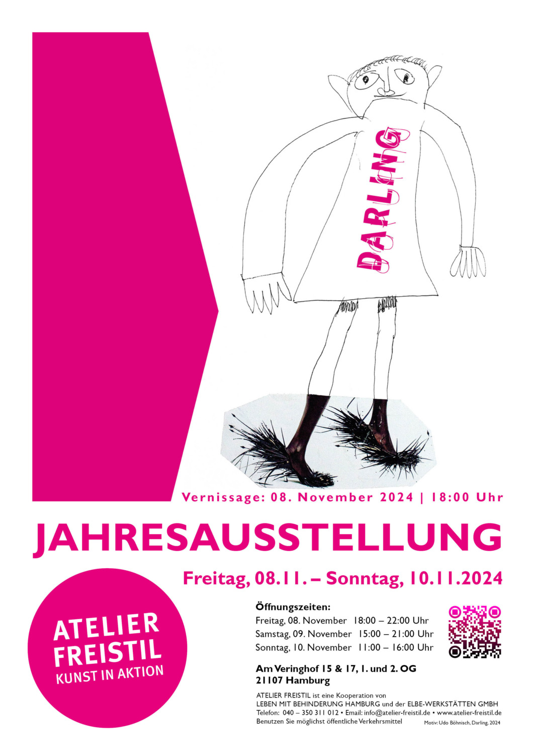 Eine gezeichnete Figur, auf deren Oberbekleidung das Wort "Darling" steht, dazu die Daten der Veranstaltung