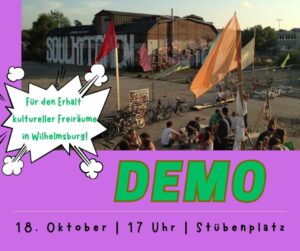 Menschen mit Flaggen vor der Soulkitchenhalle. Dazu Demo-Infos